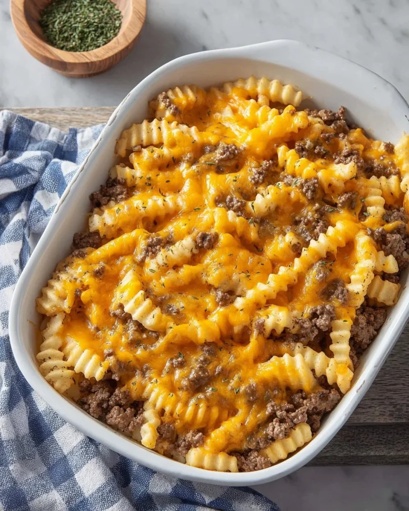 Delicious French Fry Casserole Bake topped with cheese and vegetables