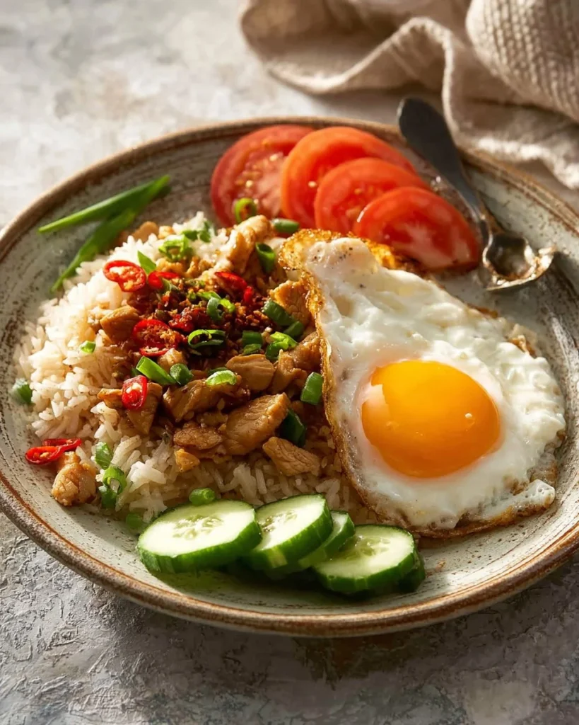 Delicious Nasi Goreng, Indonesian fried rice topped with vegetables and shrimp.