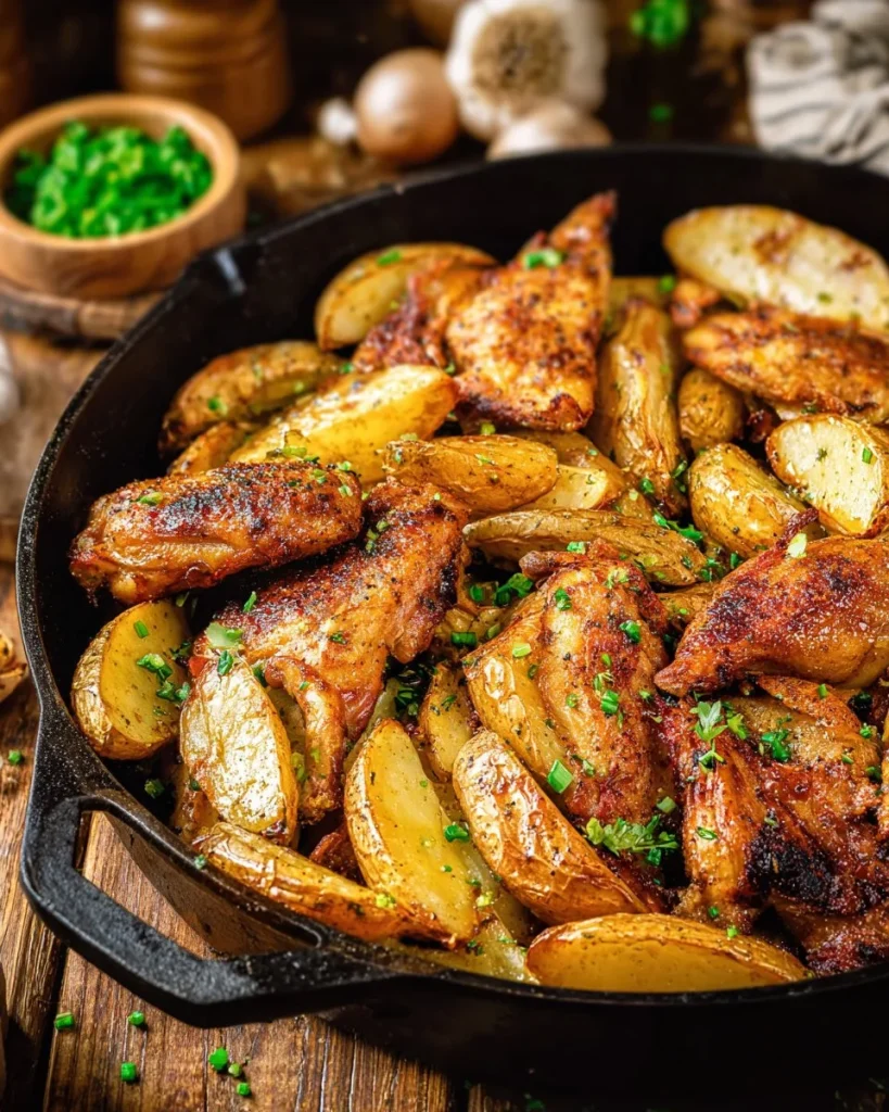 Delicious garlic butter chicken served with roasted potatoes