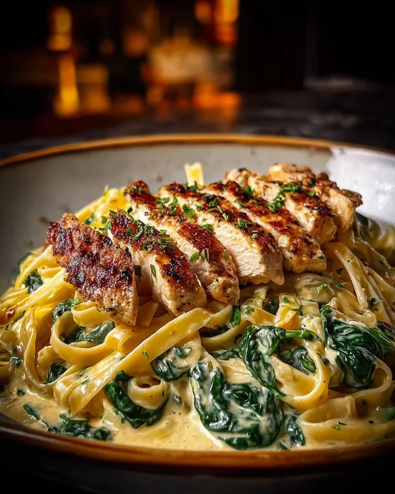 Delicious Garlic Butter Chicken served with creamy Spinach Alfredo sauce.