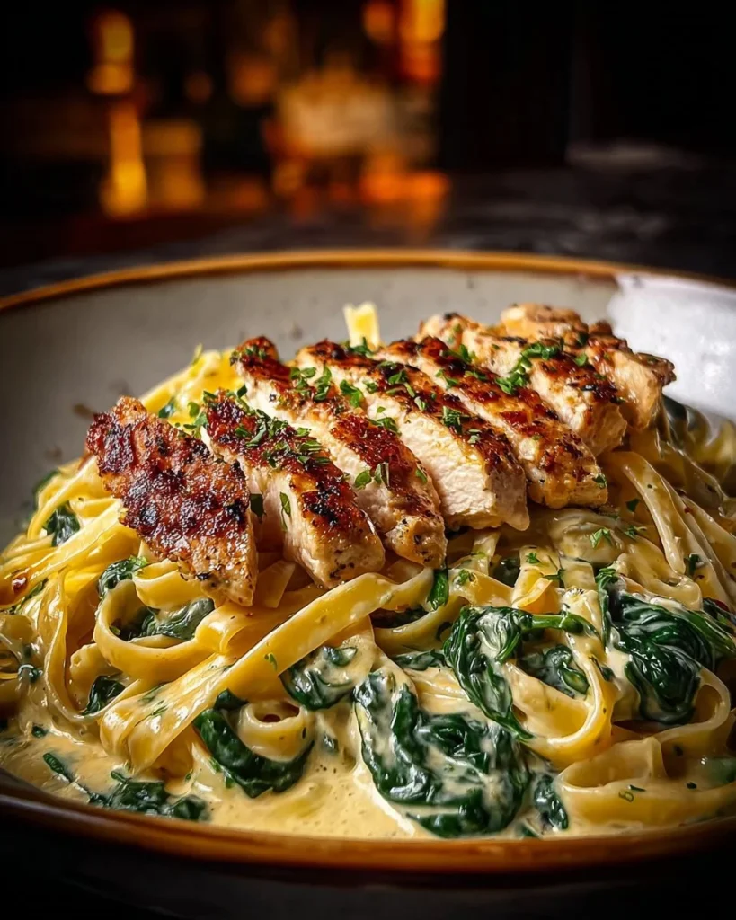 Garlic Butter Chicken served with creamy Spinach Alfredo on a plate