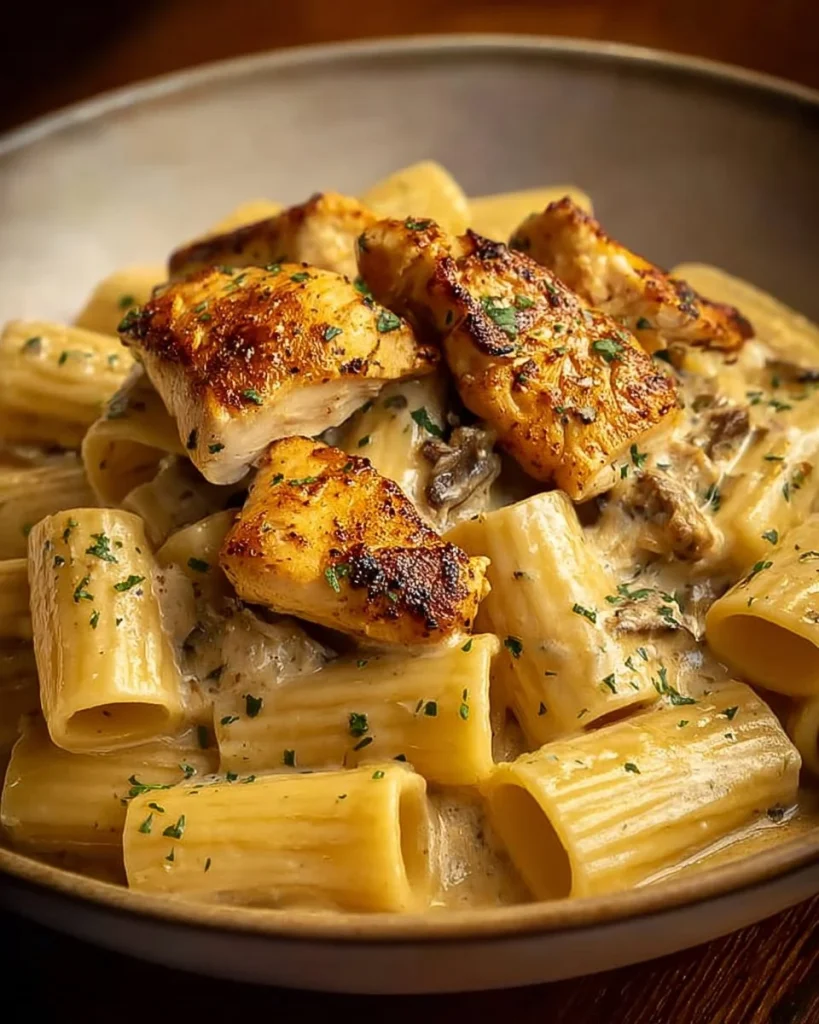 Creamy Garlic Parmesan Chicken Rigatoni served in a bowl with herbs