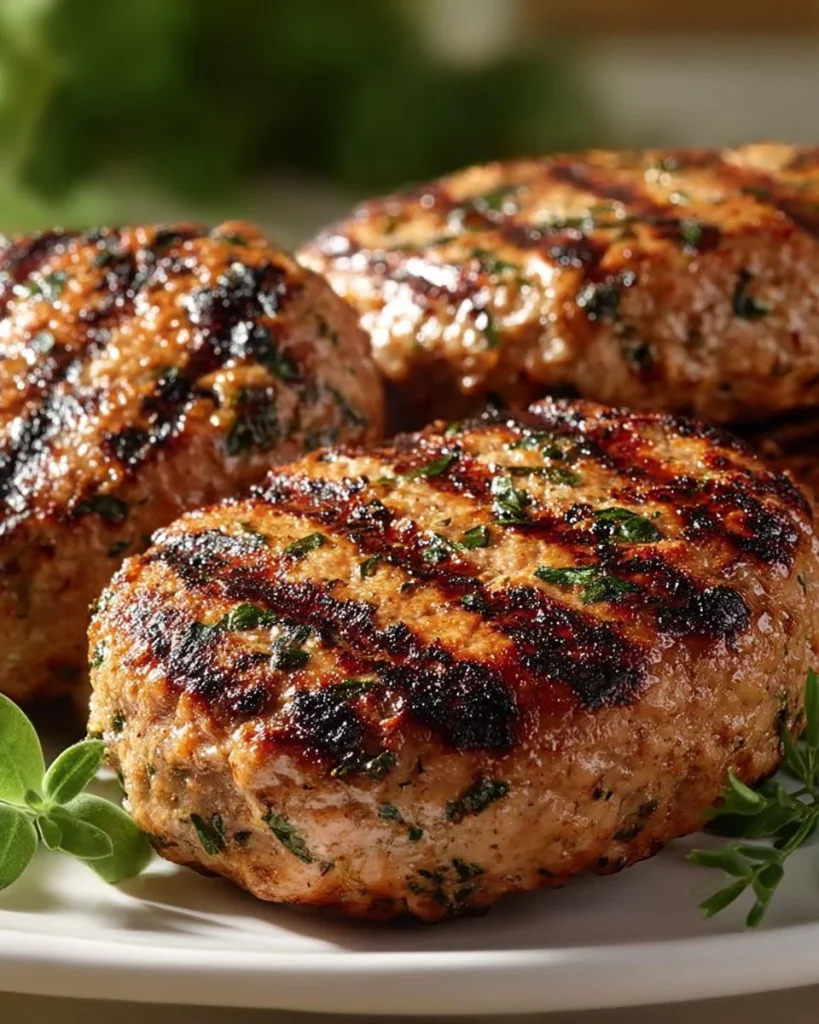 Greek chicken burgers with feta and fresh herbs on a plate