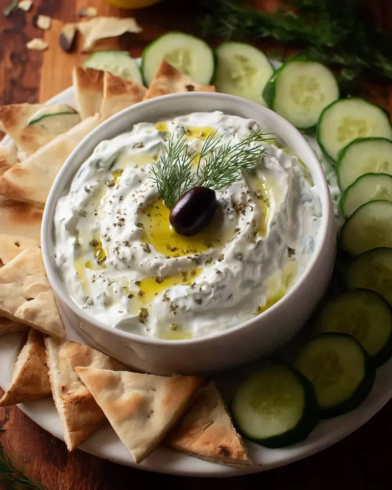 Homemade Greek tzatziki sauce served in a bowl with fresh herbs