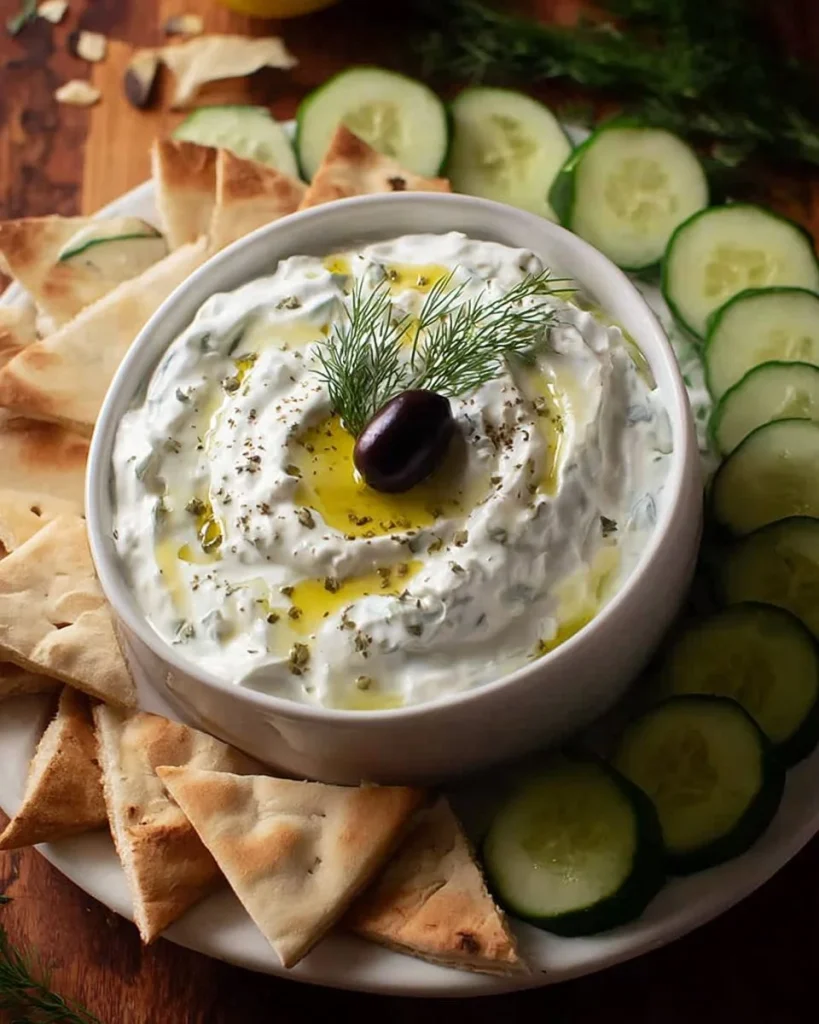 Homemade Greek tzatziki sauce served in a bowl with fresh herbs