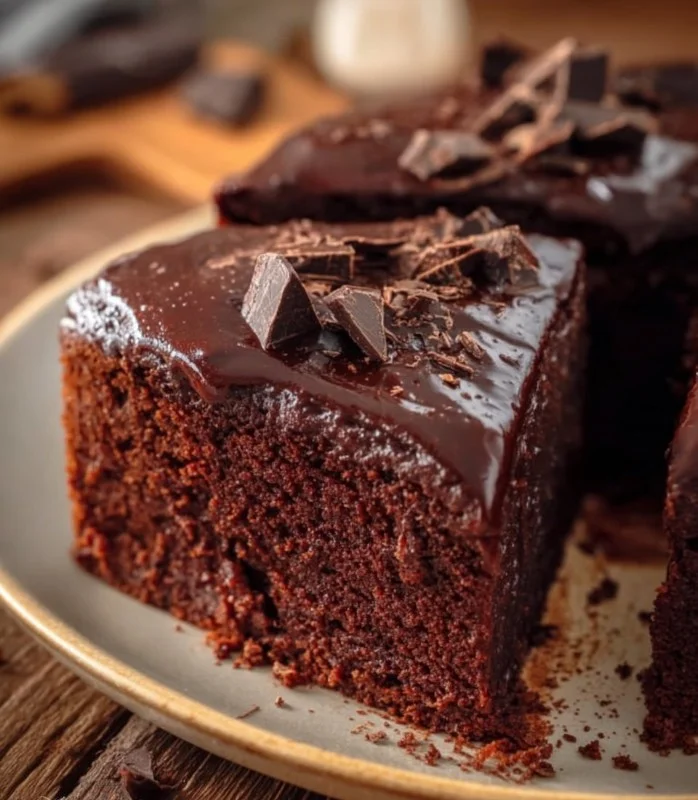 Delicious Greek Yogurt Chocolate Cake without flour, topped with chocolate glaze.