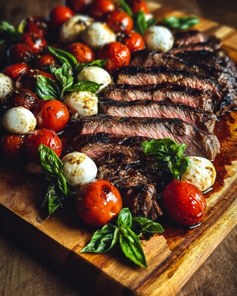 Grilled flank steak served with balsamic and Caprese salad ingredients