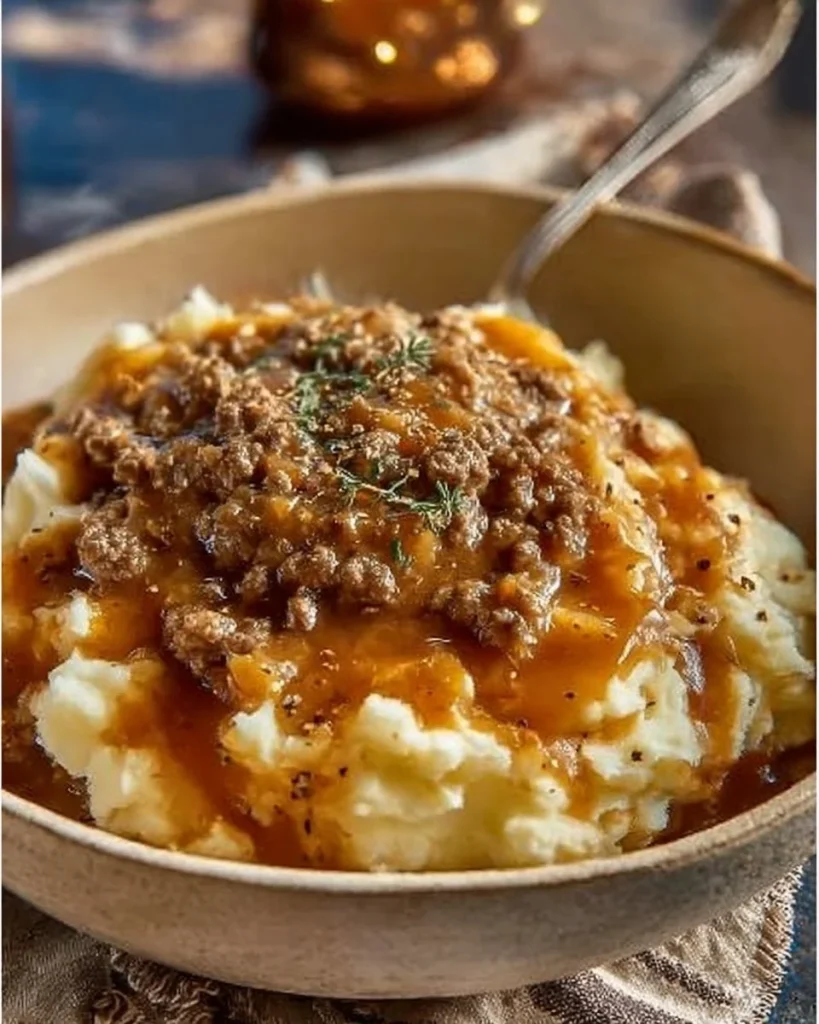 Ground beef gravy poured over fluffy mashed potatoes, a comforting dish.