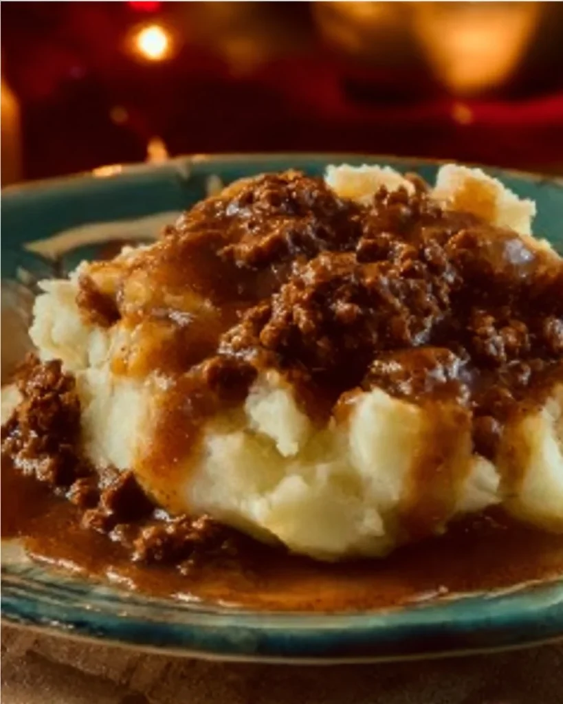 Ground beef and gravy served over fluffy mashed potatoes in a bowl