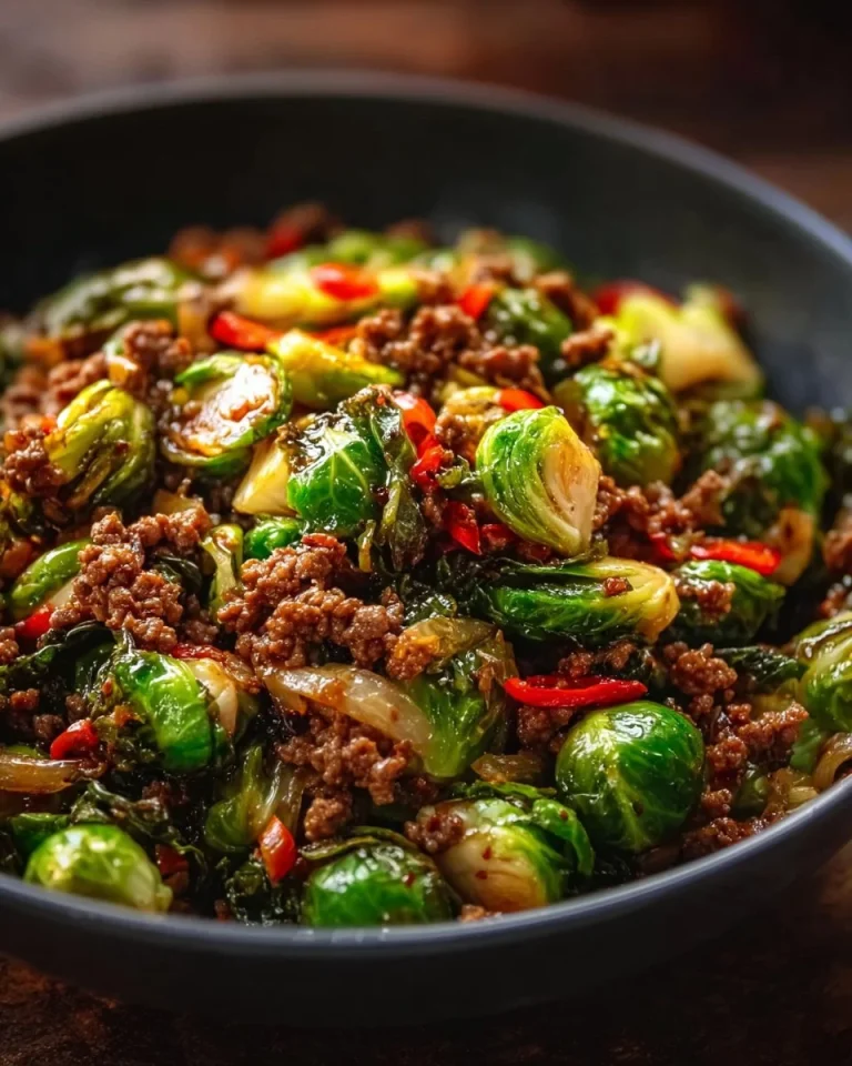 Ground Beef and Brussels Sprouts Stir-Fry with colorful vegetables in a bowl