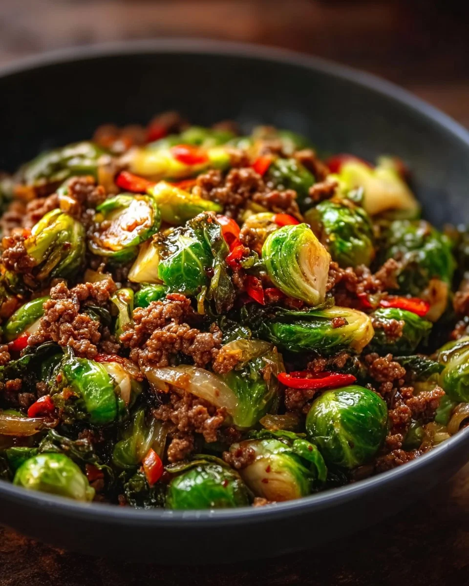 Ground Beef and Brussels Sprouts Stir-Fry with colorful vegetables in a bowl