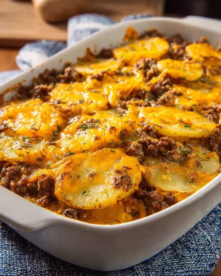 Ground Beef Potato Casserole with cheese and herbs