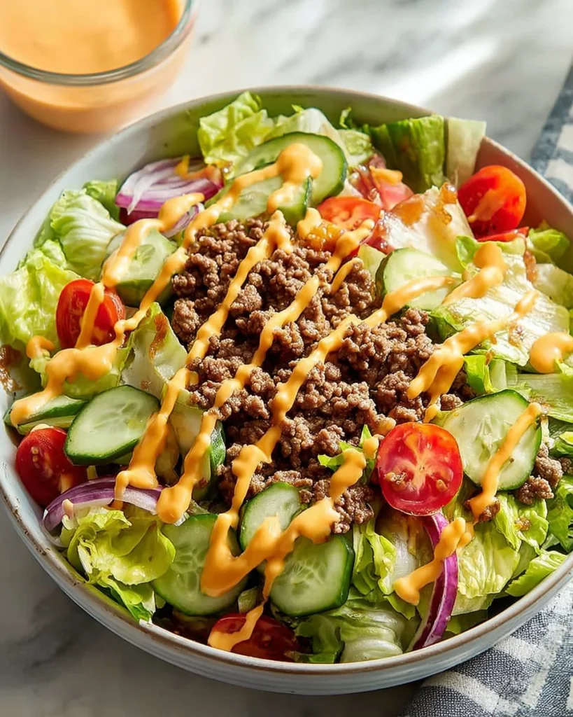 A vibrant ground beef salad served in a bowl with fresh vegetables and toppings.
