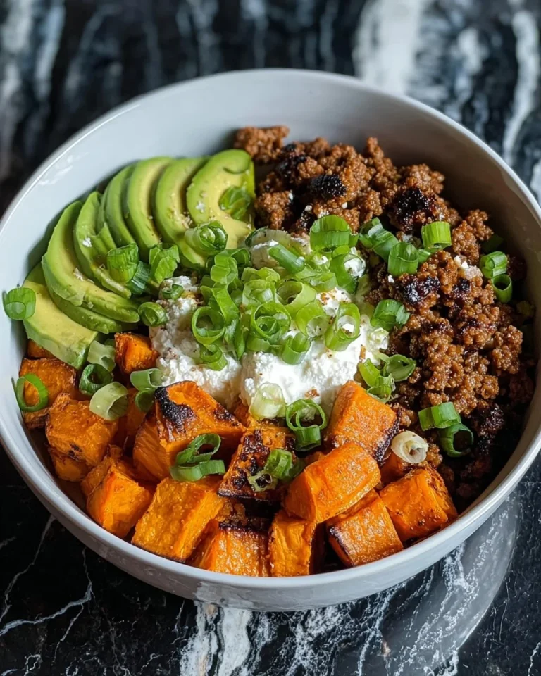 Ground Beef and Sweet Potato Power Bowl with fresh ingredients and vibrant colors.