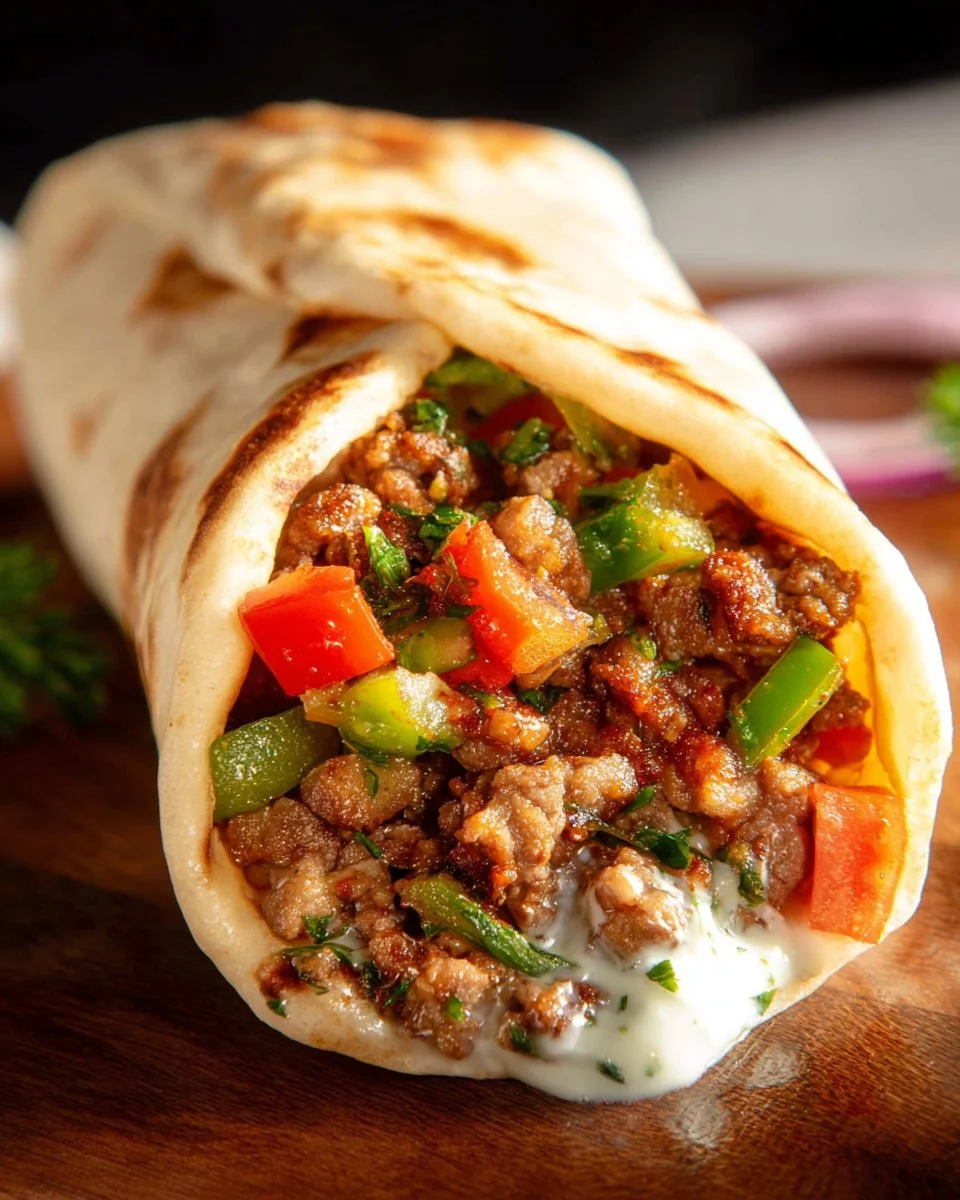 Ground Lamb Gyro with Tzatziki Sauce served in pita bread
