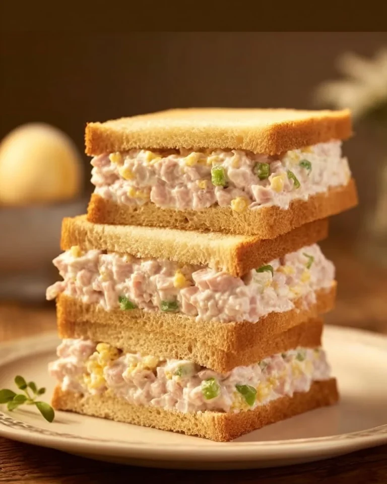 Delicious ham salad sandwich on a plate with fresh vegetables