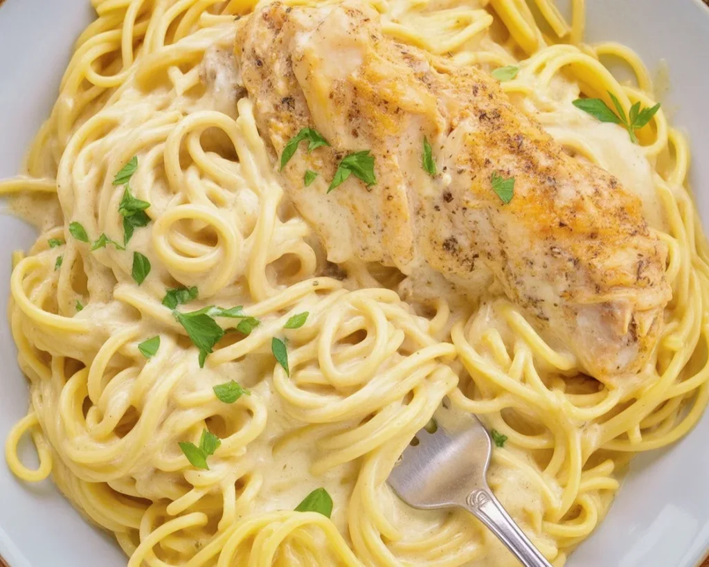 Creamy Slow Cooker Angel Chicken recipe served over angel hair pasta with herbs.