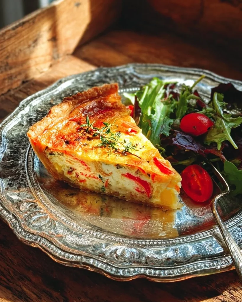 Slice of herbed mushroom quiche on a plate with fresh herbs