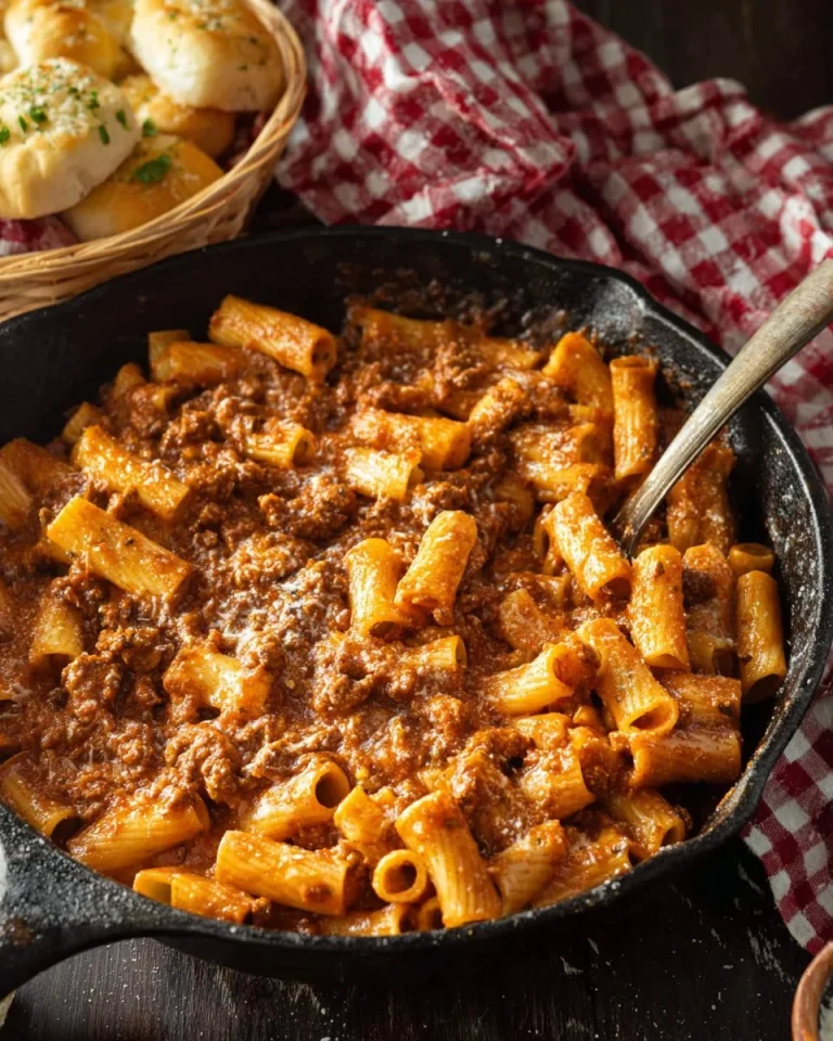 Homemade Beefaroni served in a bowl with fresh herbs on top