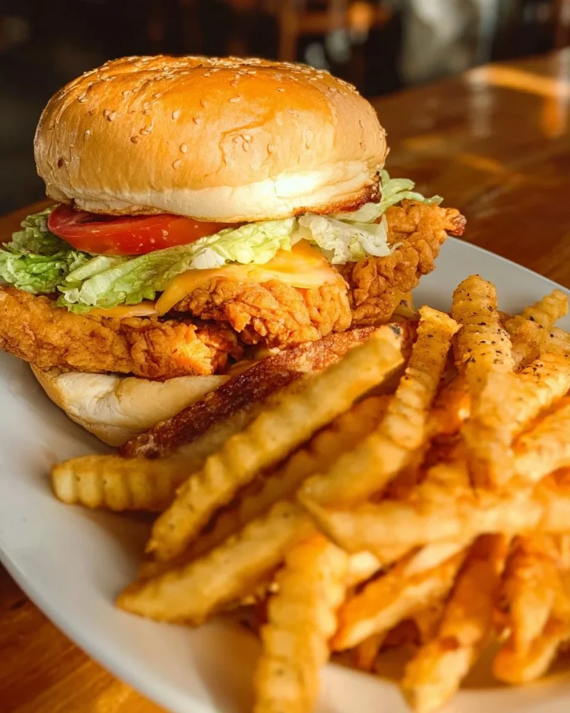 Delicious homemade chicken sandwiches served with crispy fries