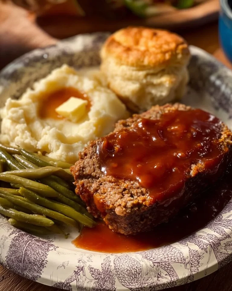 Delicious homemade meatloaf served with mashed potatoes and green beans.
