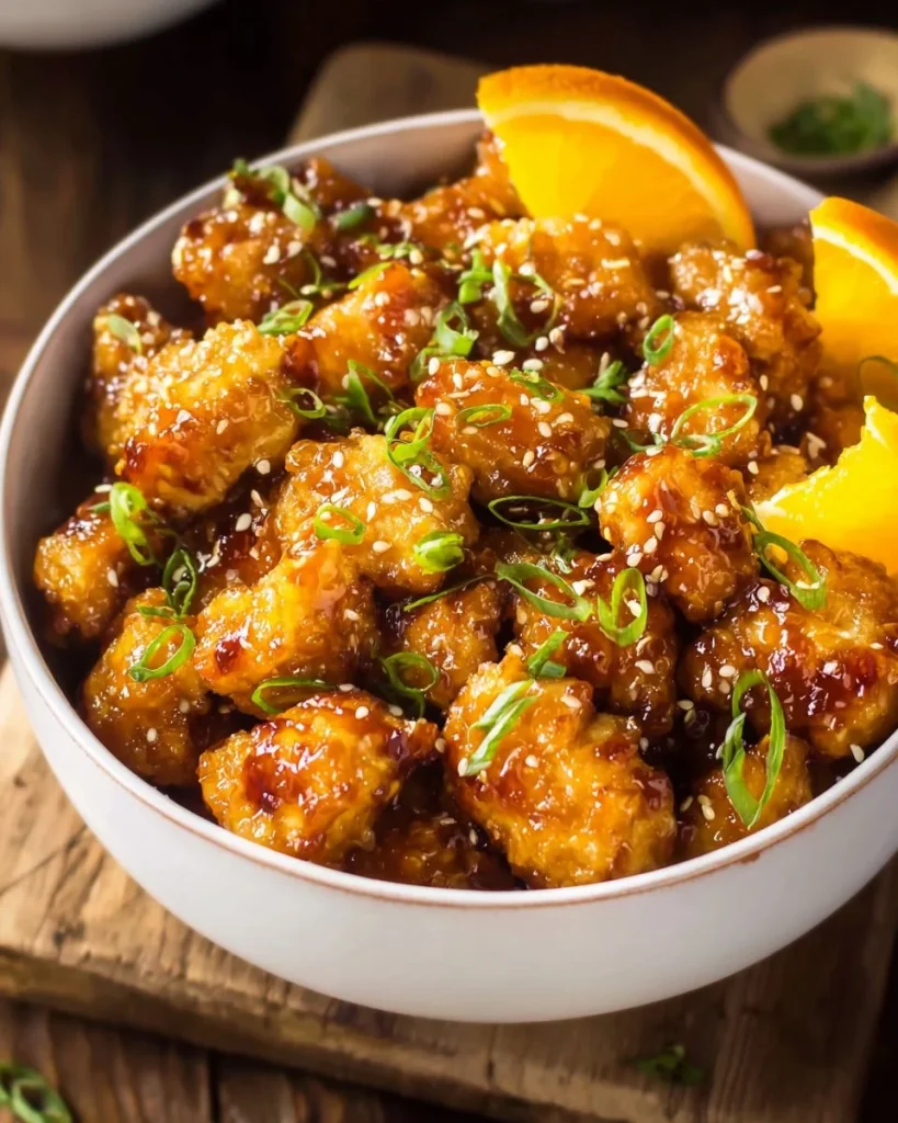 Delicious homemade orange chicken bites served with a tangy sauce
