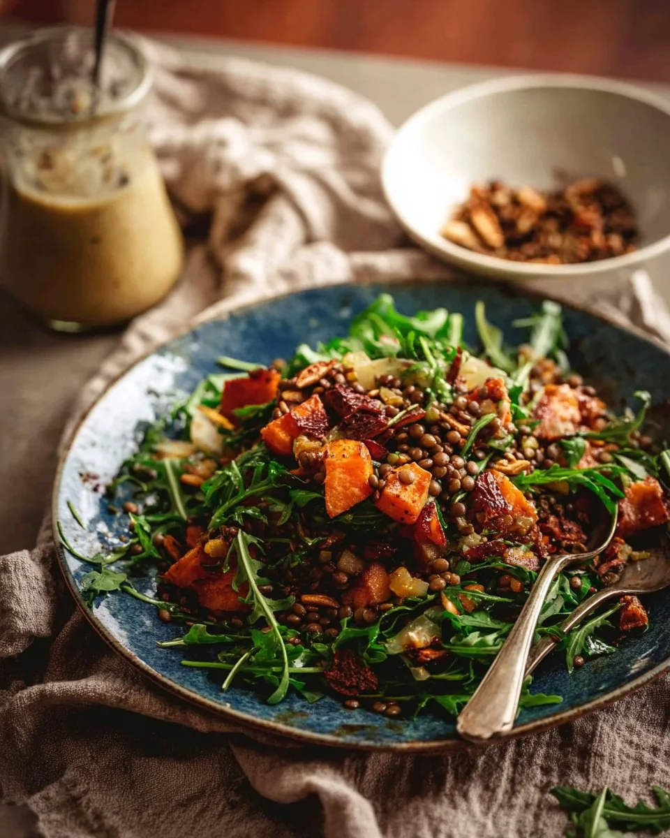 A vibrant Honey-Cinnamon Pumpkin Lentil Salad with bright ingredients.