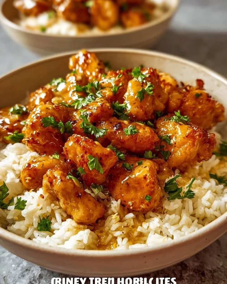 Delicious Honey Garlic Chicken bites served over creamy rice.