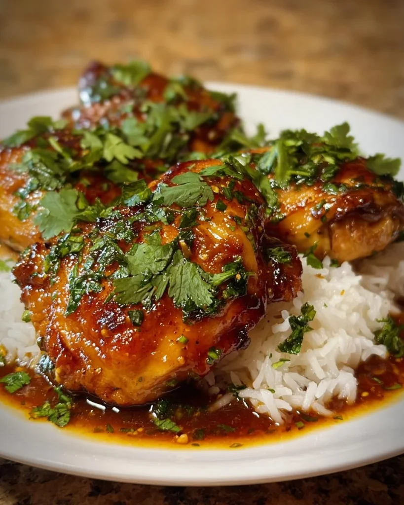 Honey garlic chicken thighs served on a plate, garnished with herbs.