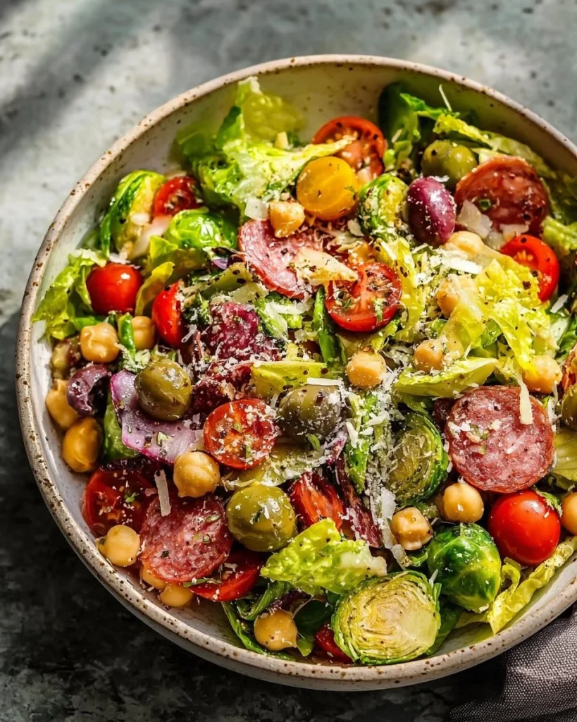 Italian Brussels Sprout Salad with fresh ingredients and dressing