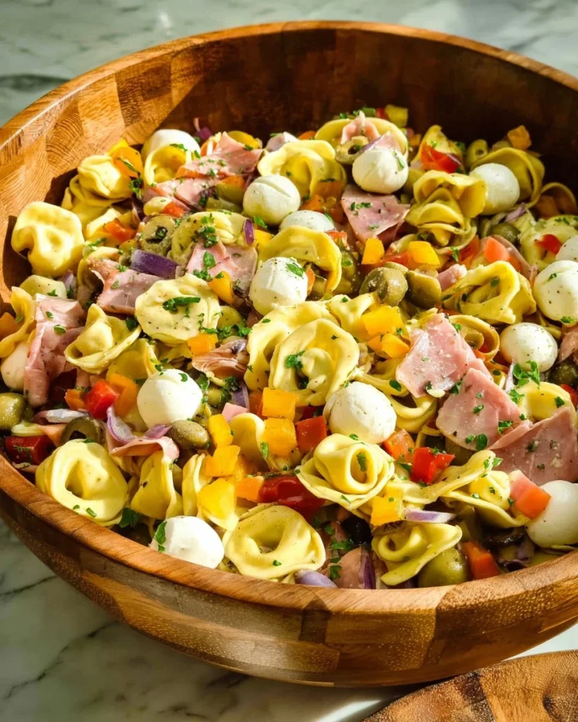 Colorful Italian Tortellini Salad with fresh vegetables and dressing