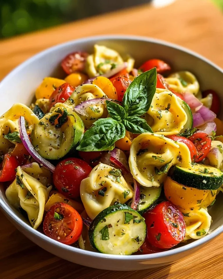 Italian tortellini and veggie pasta salad served in a colorful bowl