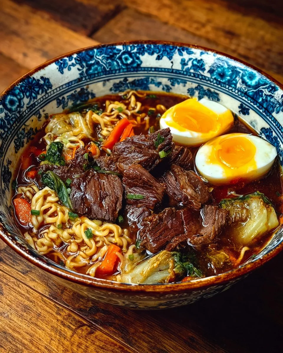 Bowl of jerk oxtail ramen topped with green onions and chili flakes