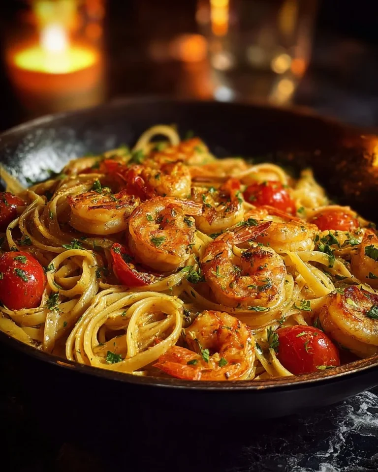 Delicious jerk shrimp fettuccine dish garnished with herbs and spices.
