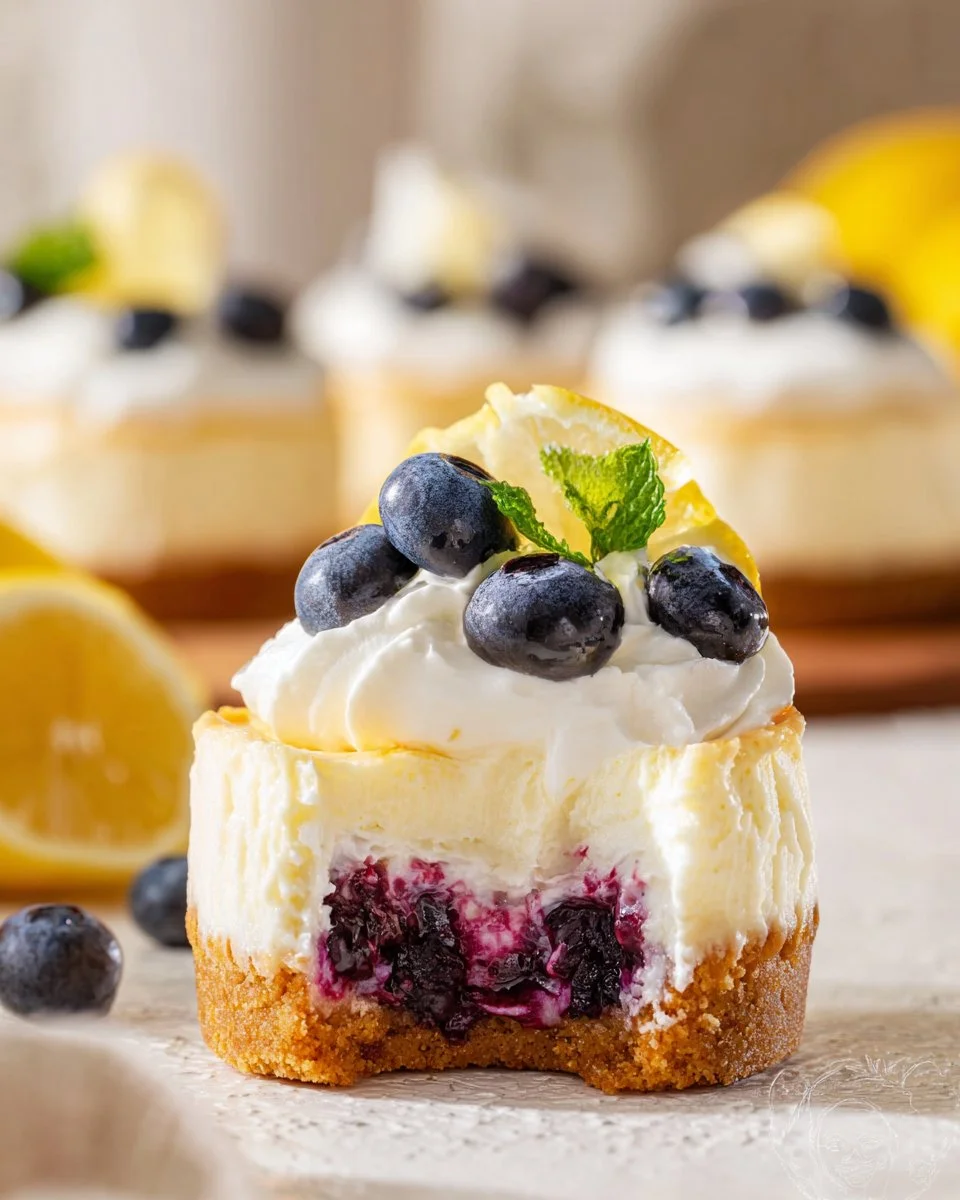 Lemon Blueberry Mini Cheesecakes topped with fresh blueberries