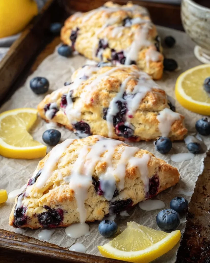 Freshly baked lemon blueberry scones with a golden crust and vibrant berries