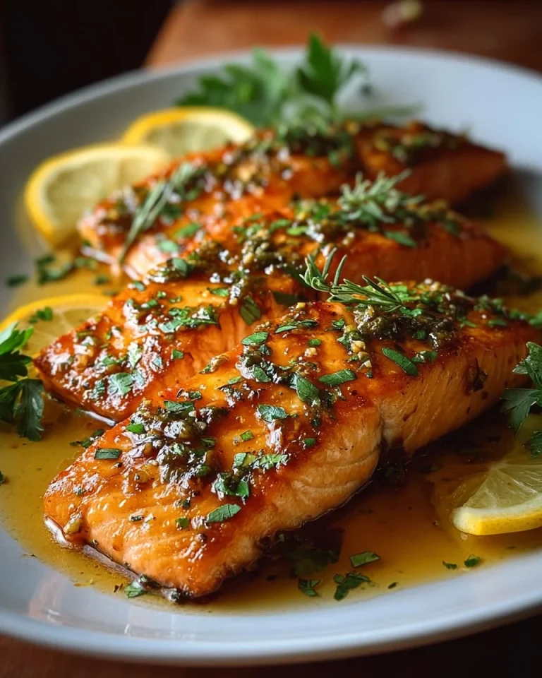 Lemon Garlic Butter Salmon Fillets garnished with herbs on a white plate