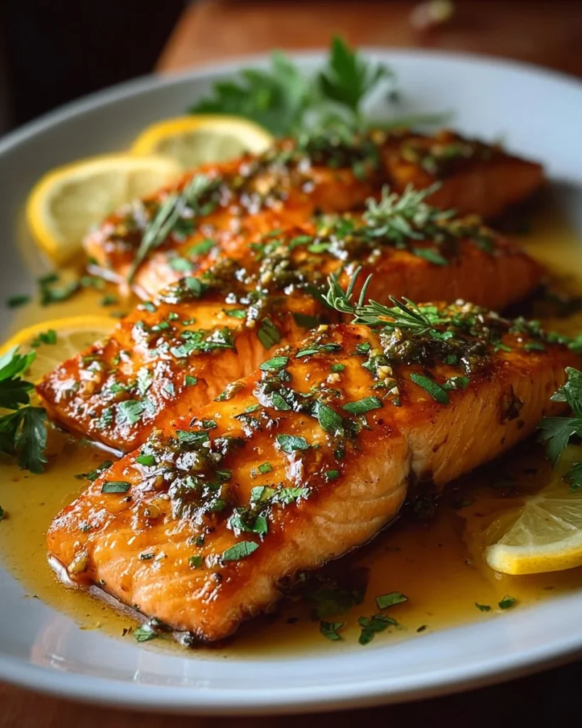 Lemon Garlic Butter Salmon Fillets garnished with herbs on a white plate