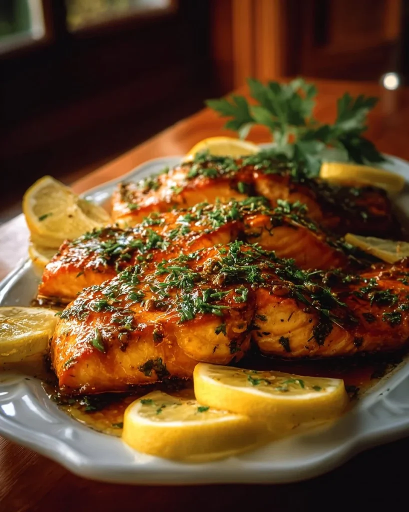 Lemon Garlic Butter Salmon Fillets served on a plate