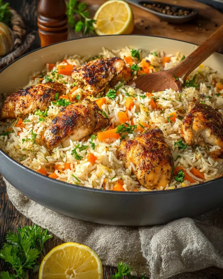 Lemon Herb Chicken Breasts served with Rice Pilaf on a plate