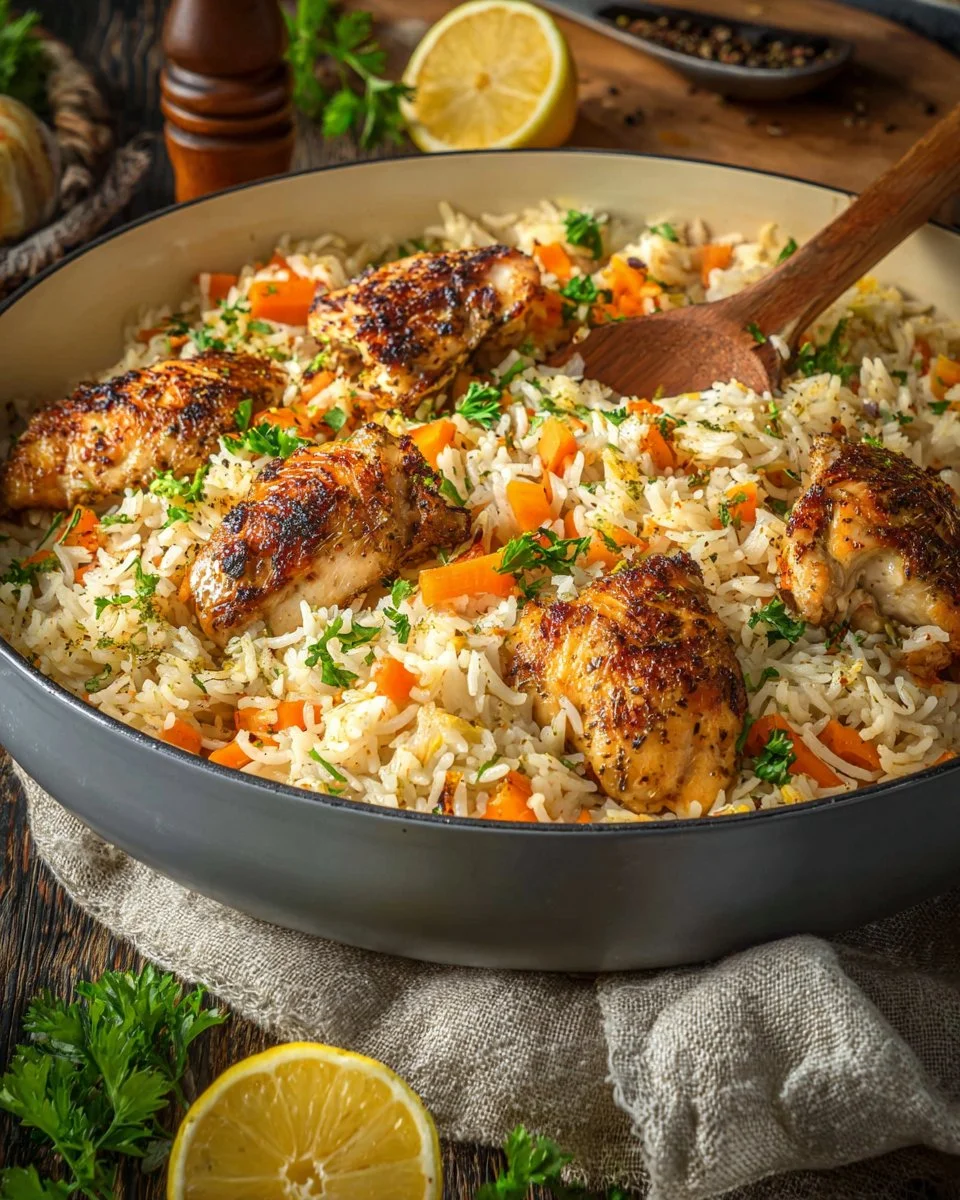 Lemon Herb Chicken Breasts served with Rice Pilaf on a plate