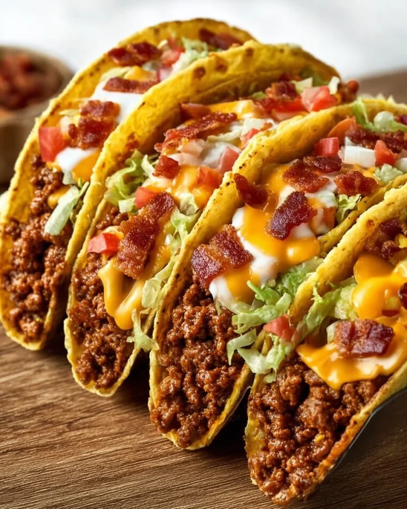 Loaded bacon cheeseburger tacos topped with fresh ingredients