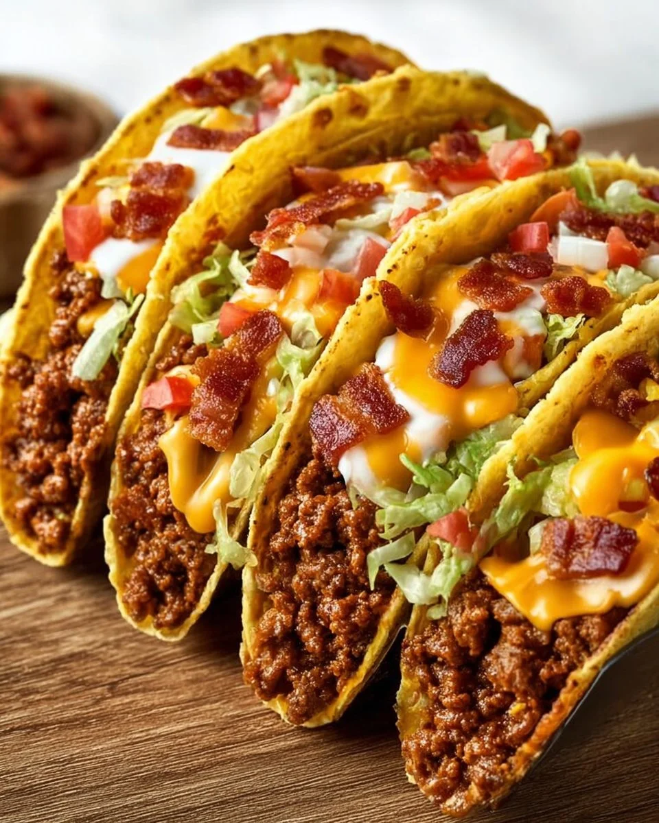 Loaded bacon cheeseburger tacos topped with fresh ingredients