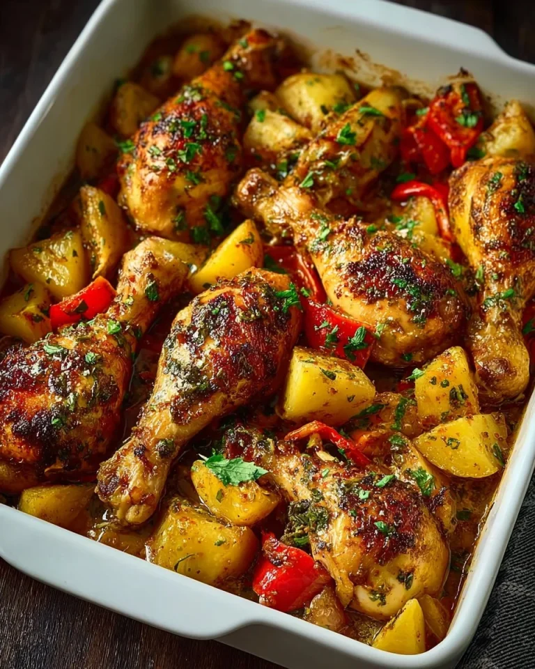 Loaded baked chicken drumsticks with herbed potatoes and peppers on a plate
