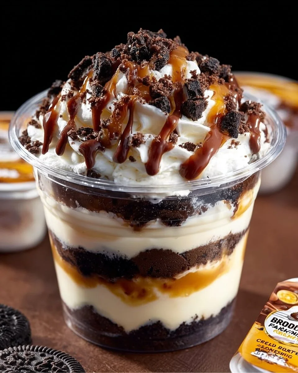 Loaded Brownie Cheesecake Cup with chocolate and cream layers