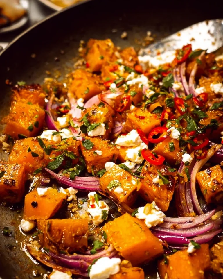 Maple roasted pumpkin topped with chili and feta cheese in a serving dish.