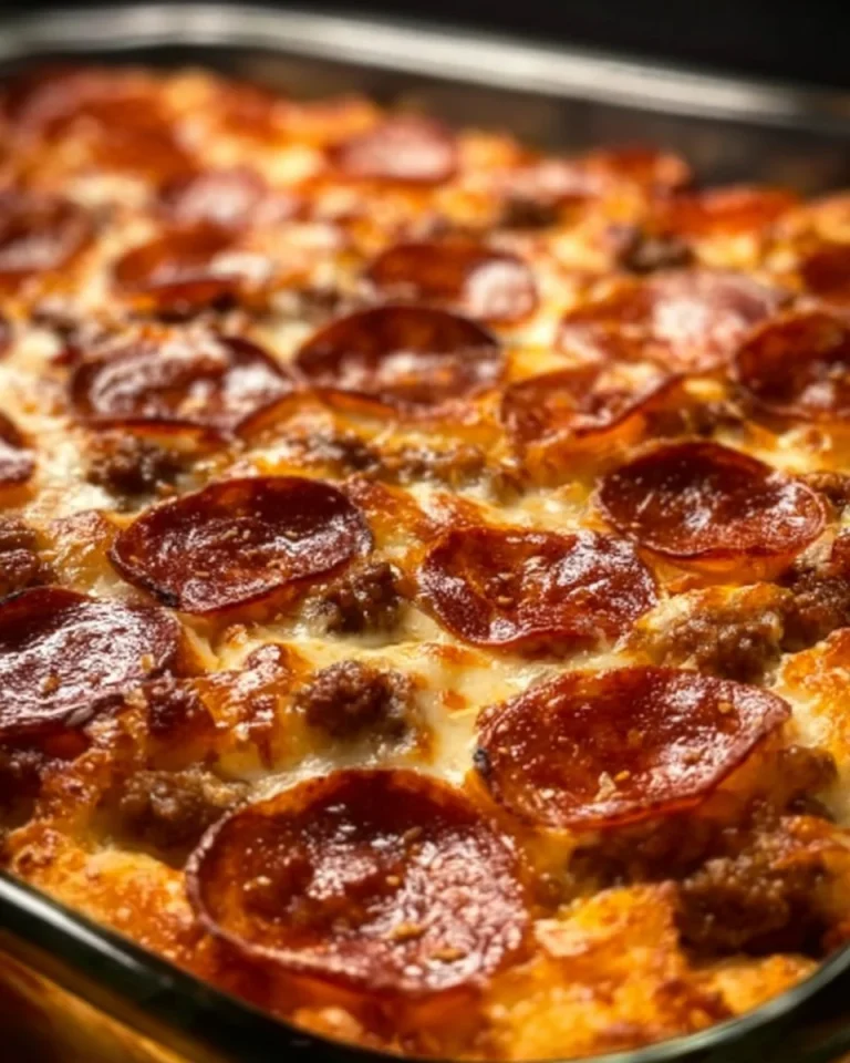 Delicious Meat Lovers Pizza Casserole with cheese and various meats