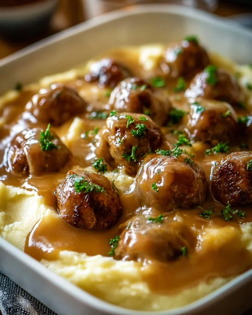 Meatballs casserole with mashed potatoes in a baking dish
