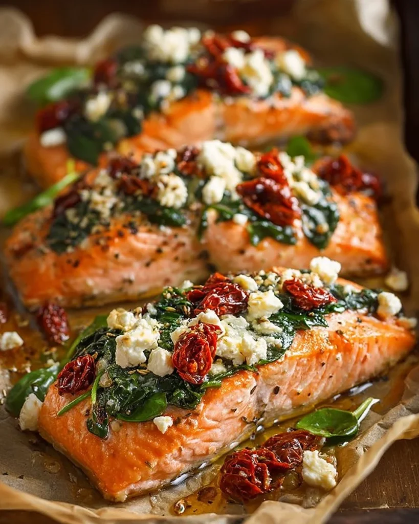 Mediterranean baked salmon with feta cheese and sun-dried tomatoes on a plate