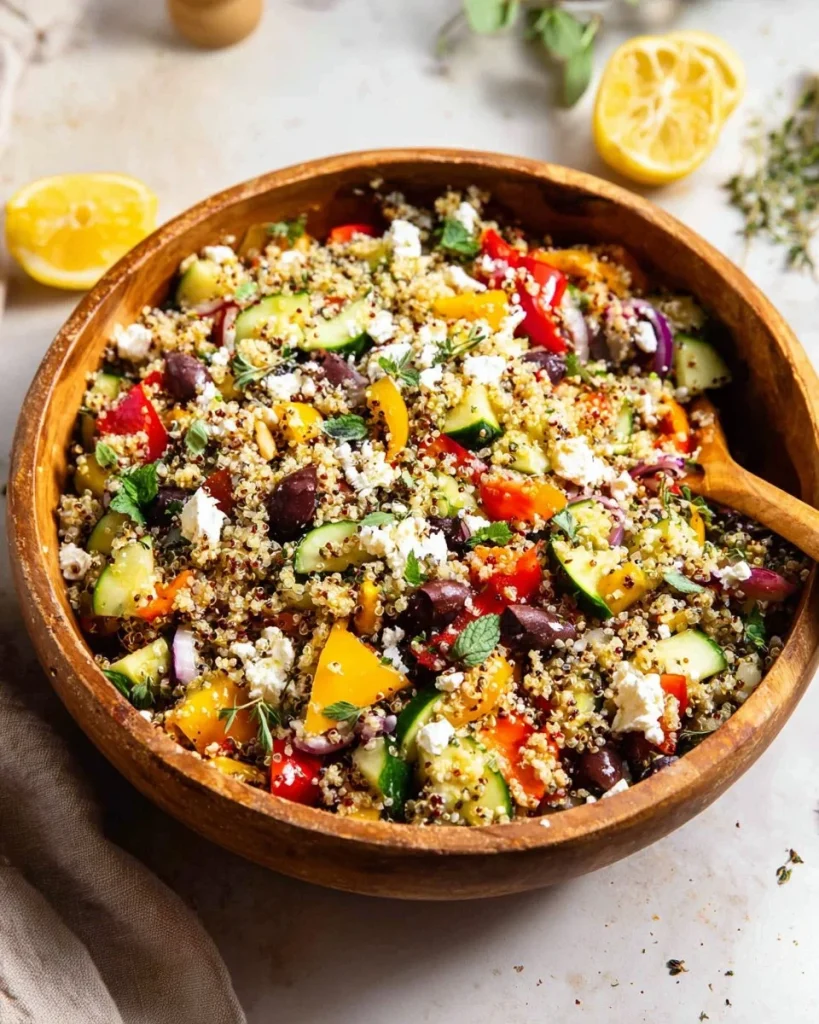 Mediterranean Quinoa Salad with peppers, cucumbers, olives, and feta cheese.